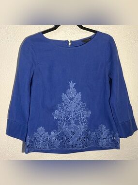 J. Crew Linen Top Womens Size 2 Blue Floral Embroidered 3/4 Sleeve Blouse